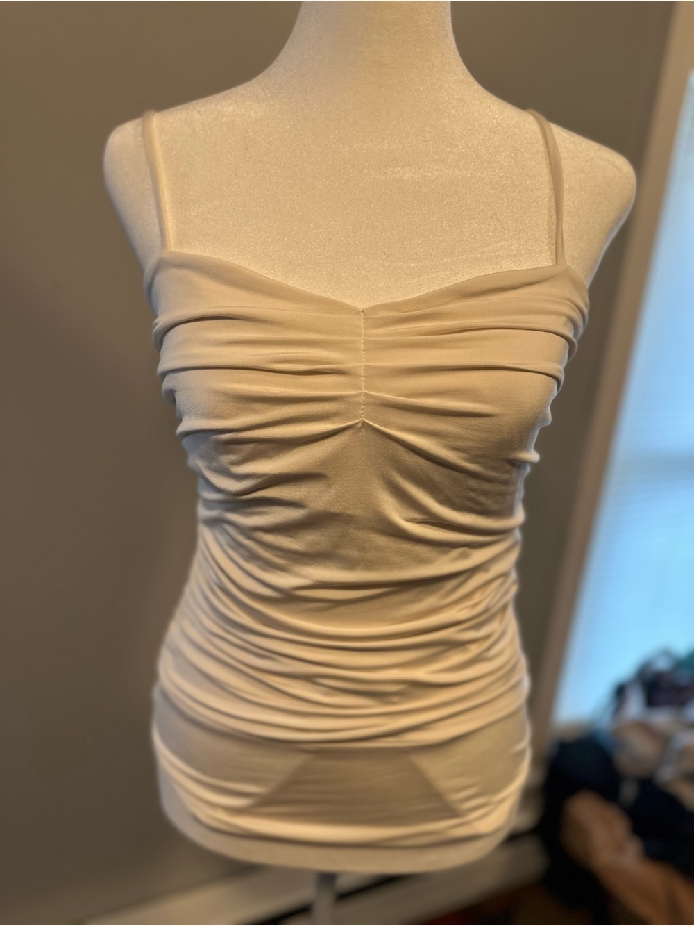 Express Beige Ruched Spaghetti Strap Bodysuit